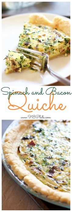 spinach and bacon quiche on a white plate with a fork in the middle