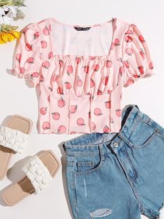 Fruit Clothes, Peach Print, Blouse Price, Cropped Tops, Contrast Collar, Neck Crop Top, Crop Top Blouse, Shein Style, Lettuce