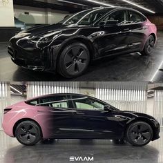 two pictures of the same car in different stages of being painted black and pink, one is