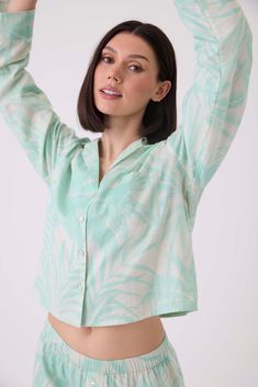 Short Pj Set, Green Hues, Palm Print, Sleepwear & Loungewear, Button Top, Summer Breeze, Cotton Voile, Pj Sets, Cotton Shorts