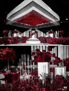 red flowers in vases and candles are arranged on the table for an elegant wedding reception