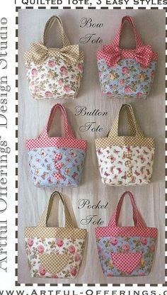 four purses with different patterns on them and the words bow tote written below