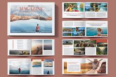 the travel magazine is open and showing images of people in mountains, water and clouds