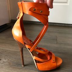 Questions? Leave A Comment Below! Luxury Orange Heels For Spring, Designer Open Heel Orange Heels, Designer Orange Open Toe Heels, Cut Orange, Orange Heels, Jimmy Choo Shoes, Leave A Comment, Color Orange, Jimmy Choo