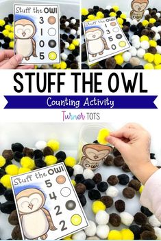 this is an owl counting activity for toddlers to practice counting with pom poms