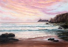 an oil painting of the ocean and rocks