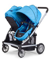 two baby strollers with double seats on the front and back wheels, side by side