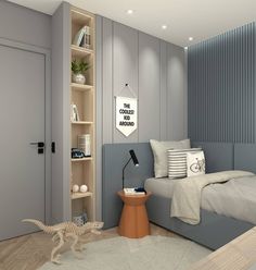 a bedroom with a bed, bookshelf and shelves