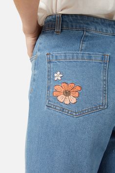 Denim embroidered jean featuring fresh cottage style floral celebrating spring. This cute jean has a high waisted fit, straight leg and slight stretch- floral embroidery along side of leg - high waisted rise - handy belt loops & pockets - straight cut full length leg - made of a cotton elastane blend denim - available in mid denim Product Code: PGFY055 2025 Fashion, Embroidery Flowers Pattern, Cute Jeans, Embroidered Jeans, Embroidery Inspiration, Novelty Print, Shop Swimwear, Scarf Hairstyles, Unisex Shirts