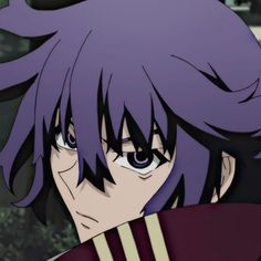 an anime character with purple hair and blue eyes looks at the camera while wearing a uniform