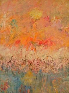 an abstract painting with oranges, yellows and pinks in the sky over water