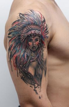 100+ Best Tattoos Of All Time - TheTatt Indian Women Tattoo, Back Of Neck Tattoos For Women, Native Indian Tattoos, Sparrow Tattoo Design, Indian Tattoo Design, Headdress Tattoo, Female Warrior Tattoo, Arm Sleeve Tattoos For Women, Tattoo Pics