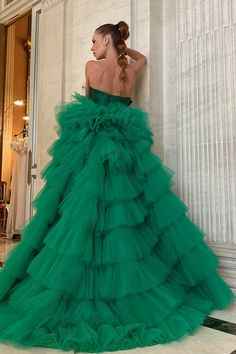 Description Dark Green High-low, Long dress Sleeveless Open neckline Tulle Dry Clean Evening Dress Made in Spain 23-24