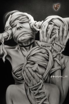 a drawing of two people wrapped in rope with one holding the other's head