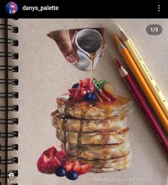 a drawing of pancakes with syrup being poured on top and berries, blueberries, raspberries, and strawberries