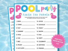 the pool party game is ready to be played with friends and family in this fun printable