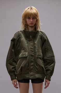 Oversized nylon flight bomber lined in sherpa. Color: Olive 100% Nylon R13WR329-R436A Imported Essential Handbags, Modern Streetwear, Polo Sweater, Clothing Design, Cool Street Fashion, Wide Pants, Reference Photos, Character Creation