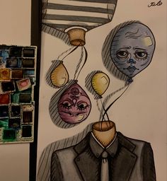 a drawing of a man in a suit with balloons attached to his head