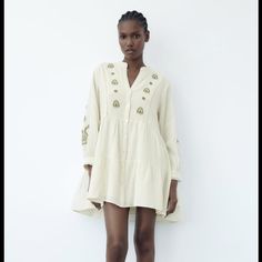 Zara Cream & Green Embroidered Mini Dress - Size Small Brand New With Tags! 3/4 Sleeves Fully Lined Armpit To Armpit: 21" Top Of Shoulder To Bottom Hem: 32" Zara White Embroidered Long Sleeve Dress, Zara White Long Sleeve Embroidered Dress, Embroidered Long Sleeve Mini Dress For Summer, Beige Embroidered Long Sleeve Dress, Beige Long Sleeve Dress With Embroidered Hem, Beige Long Sleeve Embroidered Dress For Spring, Long Sleeve Beige Dress With Embroidered Hem, Long Sleeve Embroidered Beige Dress, Zara Long Sleeve Embroidered Summer Dress