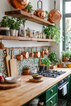 pots and pans are hanging on the wall above the stove in this green kitchen