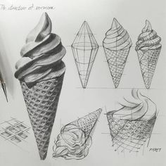 pencil drawing of ice cream cones and waffles on white paper with graphite markers