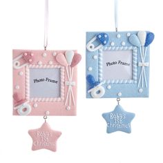 These "Baby's 1st Christmas" picture frame ornaments are an adorable way to celebrate the little one in your family. Each of these pink and blue glittered picture frame ornaments features fun details such as a diaper pin, pacifier, balloons and a star dangle. Pacifier Balloons, Christmas Picture Frame, Frame Ornaments, Christmas Picture Frames, Handmade Picture Frames, Baby's 1st Christmas Ornament, Picture Frame Ornaments, Baby's 1st Christmas