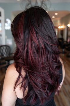 Dark Brown To Burgundy Ombre, Burgundy On Brown Hair, Burgandy Highlight Hair, Brown Red Purple Hair, Dark Plum Balayage Hair, Red Wine Highlights On Brown Hair, Cherry Burgundy Hair Color, Black Hair With Burgundy Balayage, Cherry Red Ombre Hair