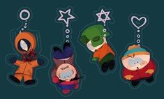 three cartoon characters hanging from the side of each other with stars and shapes above them