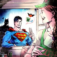 a drawing of two people dressed as superman and batgirl in front of a mirror