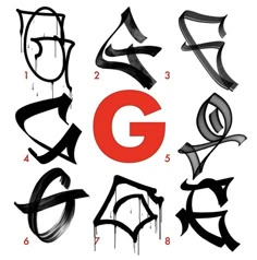 the letters g are drawn with black ink and have different designs on them, including one that