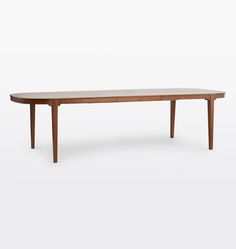 an oval wooden table with two legs and a long, narrow top on a white background