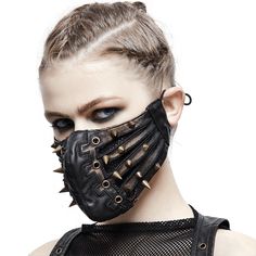 Punk Style PU Leather Mask with Spikes and Mesh / Brown Masks with Rubber Bands to Grip the Ear - HARD’N’HEAVY Rhinestone Face Mask, Face Wrap, Leather Face, Sharp Nails, Half Face Mask, Mask Black, Face Mask Black