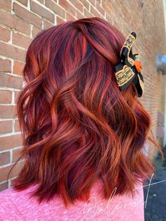 Fall Hair Colors Dimensional, Call 2023 Hair, Hair Color Ideas For Brunettes Red Ombre, Medium Length Haircut For Red Hair, Burgundy Hair With Orange Highlights, Red Copper Hair Color With Highlights, Purple And Orange Highlights Brown Hair, Red Hair With Vivid Highlights, Short Fall Hair Color 2023