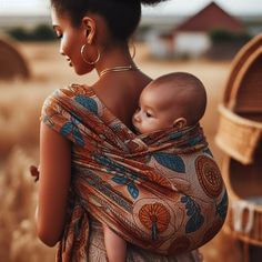 a woman holding a baby wrapped in an orange and blue patterned wrap on her back