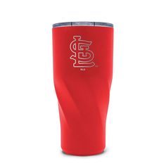 a red tumbler cup with the los angeles angels on it's front and side