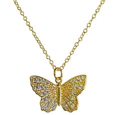 Kirks Folly Crystal CZ Butterfly Necklace (Goldtone) Goodbye, Winter! Hello Spring wearing this beautiful diamond like butterfly necklace. Goldtone or Silvertone the butterflies are encrusted with crystal cubic zirconia stones that twinkle in the sunlight. Plated Goldtone. Necklace measures approximately 18" long with a 2" extender chain. Butterfly measures approximately 3/4" wide x 3/4" high. Gift Butterfly Necklace With Diamond Accents, Butterfly Shaped Diamond Accents Necklace Gift, Gold Cubic Zirconia Butterfly Necklace, Diamond Accents Butterfly Necklace, Gold Butterfly Necklace With Diamond Accents, Gold Diamond Butterfly Necklace, Gold Crystal Butterfly Jewelry, Crystal Necklace Butterfly, Yellow Gold Plated Butterfly Necklace