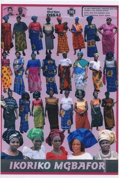 an image of african women in different colored dresses and headscarves on a pink background