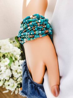 Long turquoise long seed bead stretch wrap bracelet western | Etsy Bohemian Turquoise Stretch Bracelet Hand-strung, Southwestern Turquoise Hand-strung Beaded Bracelet, Southwestern Turquoise Nickel-free Beaded Bracelets, Southwestern Style Hand-strung Blue Bracelet, Southwestern Style Hand-strung Blue Bracelets, Showing Livestock, Western Jewelry, Layered Bracelets, Colored Denim