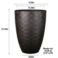 a large black vase is shown with measurements for the size and width, along with an additional planter vol