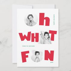 a card with the words h w t f n on it and two pictures of people