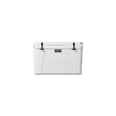 the yeti cooler is white and has two handles on each side, one for storage