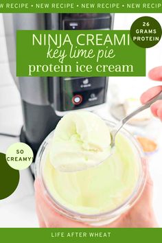 a person holding a spoon in front of a jar of ice cream with the words ninja cream key lime pie protein ice cream