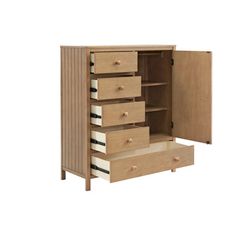 an open wooden cabinet with drawers on both sides