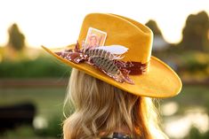 Custom yellow cowboy hat with boot stitch, what would dolly do pins, and vintage playing card  Size medium Yellow Western Hat With Short Brim, Yellow Western Hat With Curved Brim, Adjustable Western Yellow Hat Bands, Adjustable Western Style Yellow Hat Band, Adjustable Yellow Western Hat Bands, Retro Yellow Wide Brim Hat, Yellow Wide Brim Retro Hat, Yellow Cowboy Hat, Charlie Horse Hats