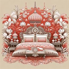 a drawing of a bed with red and white bedspread, pillows and lamps