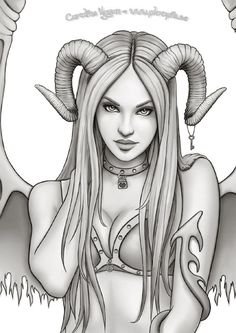 a drawing of a woman with horns on her head