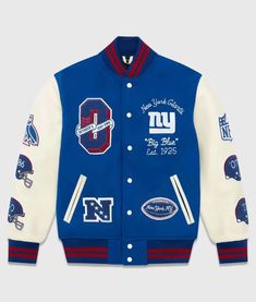 New York Giants OVO Varsity Full-Snap Wool and Leather Jacket Blue Varsity Jacket With Patchwork, Blue Patchwork Varsity Jacket, Casual Wool Varsity Jacket With Long Sleeves, Casual Long Sleeve Wool Varsity Jacket, Blue Wool Outerwear With Ribbed Collar, Collegiate Blue Varsity Jacket For Fall, Varsity Wool Outerwear With Long Sleeves, Wool Varsity Jacket For College, Blue Ribbed Collar Outerwear For Work