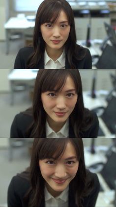 three different pictures of a woman with long hair and bangs, smiling at the camera