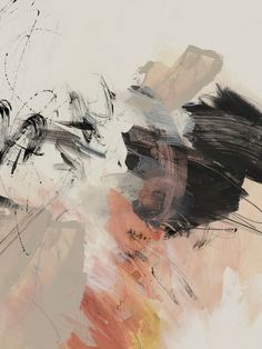 an abstract painting with black, orange and white colors