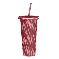 a red cup with a straw in it on a white background and an illustration of wavy lines